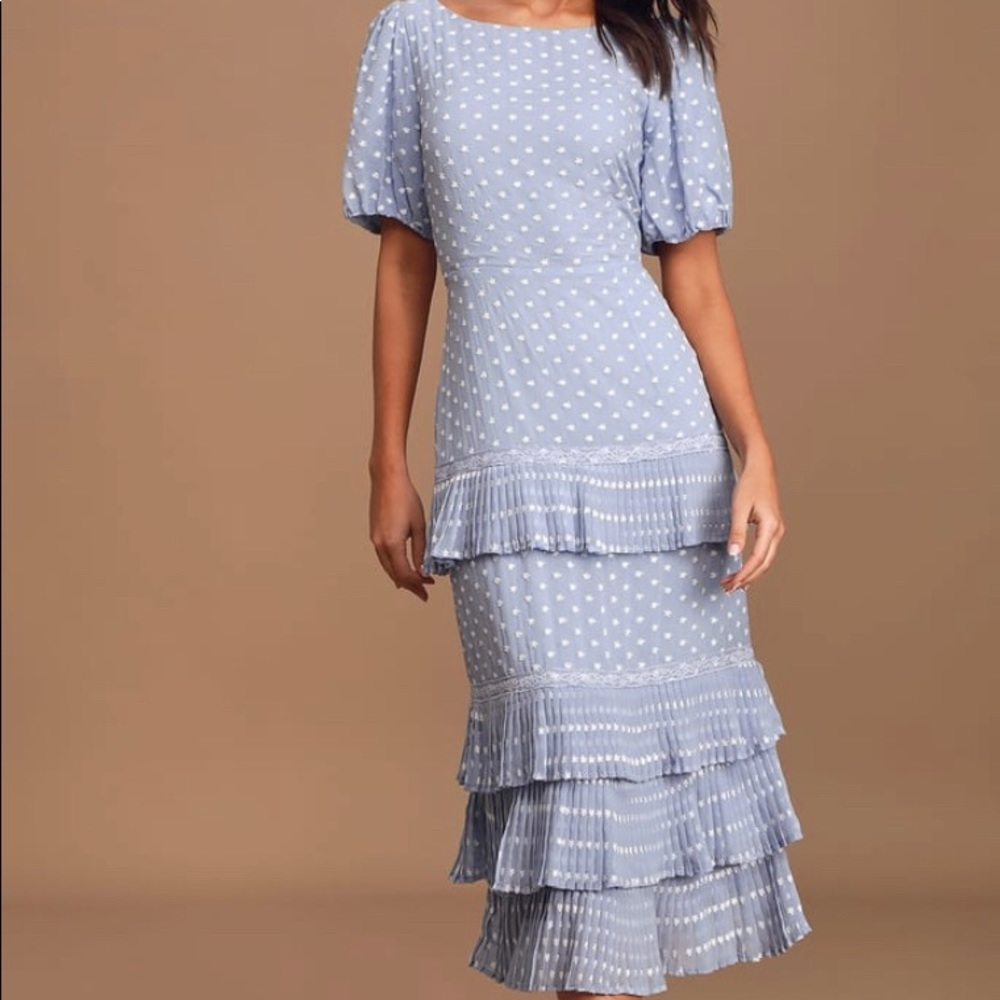 Fleur In Light Blue Tiered Embroidered Midi Dress